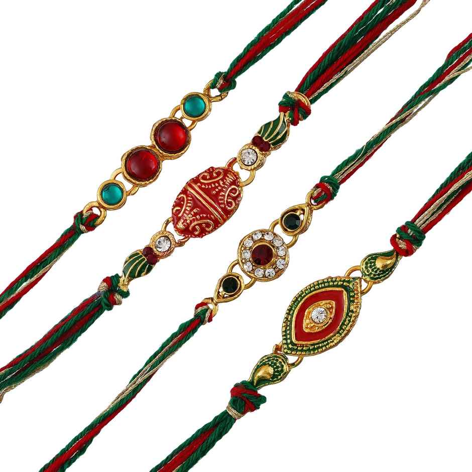 Kundan Multicolor Kundan Designer Rakhis & Roli Chawal Pack (eCraftIndia) Set of 4