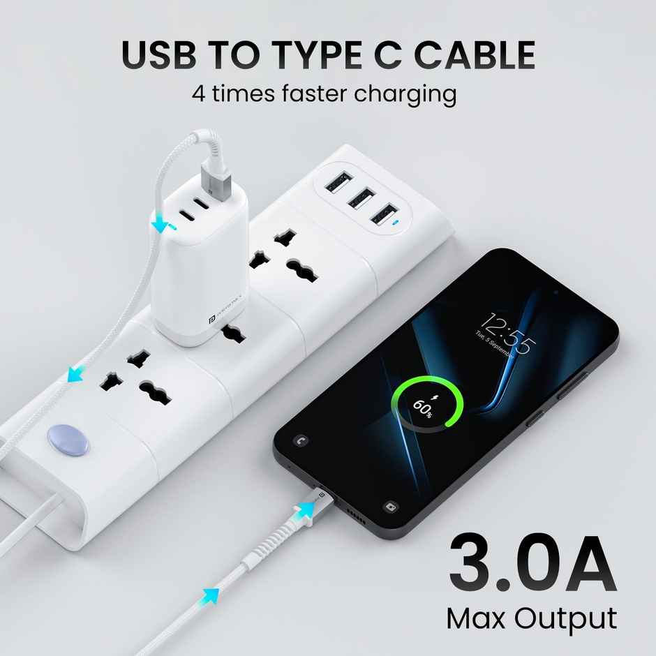 Portronics Konnect X USB to Type C 3A Nylon Braided Cable 2M | Fast Charging | All Devices | White