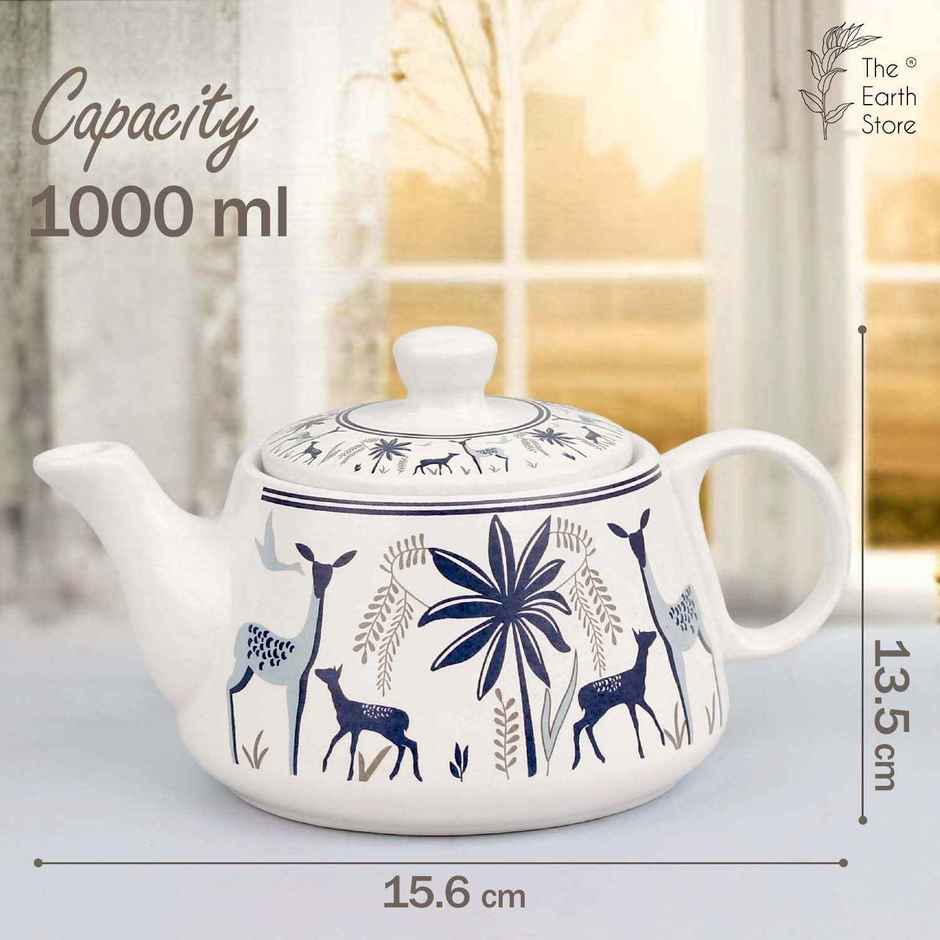 The Earth Store Ceramic Stag Blue Morning Tea Set Microwave Safe Tea Cup With Kettle