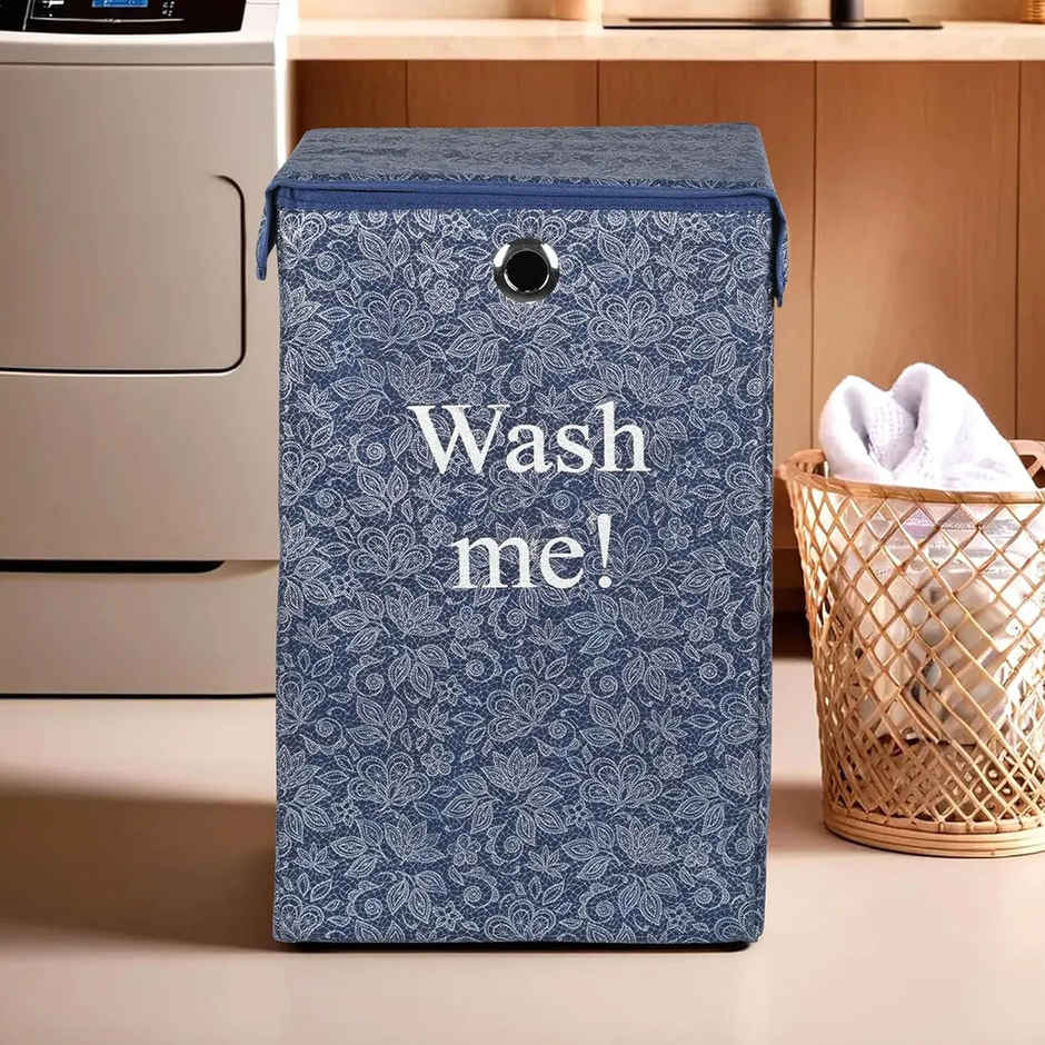 Kuber Industries | 75 L | Flower Foldable Laundry Basket with Ring | Velcro Lid | Navy Blue