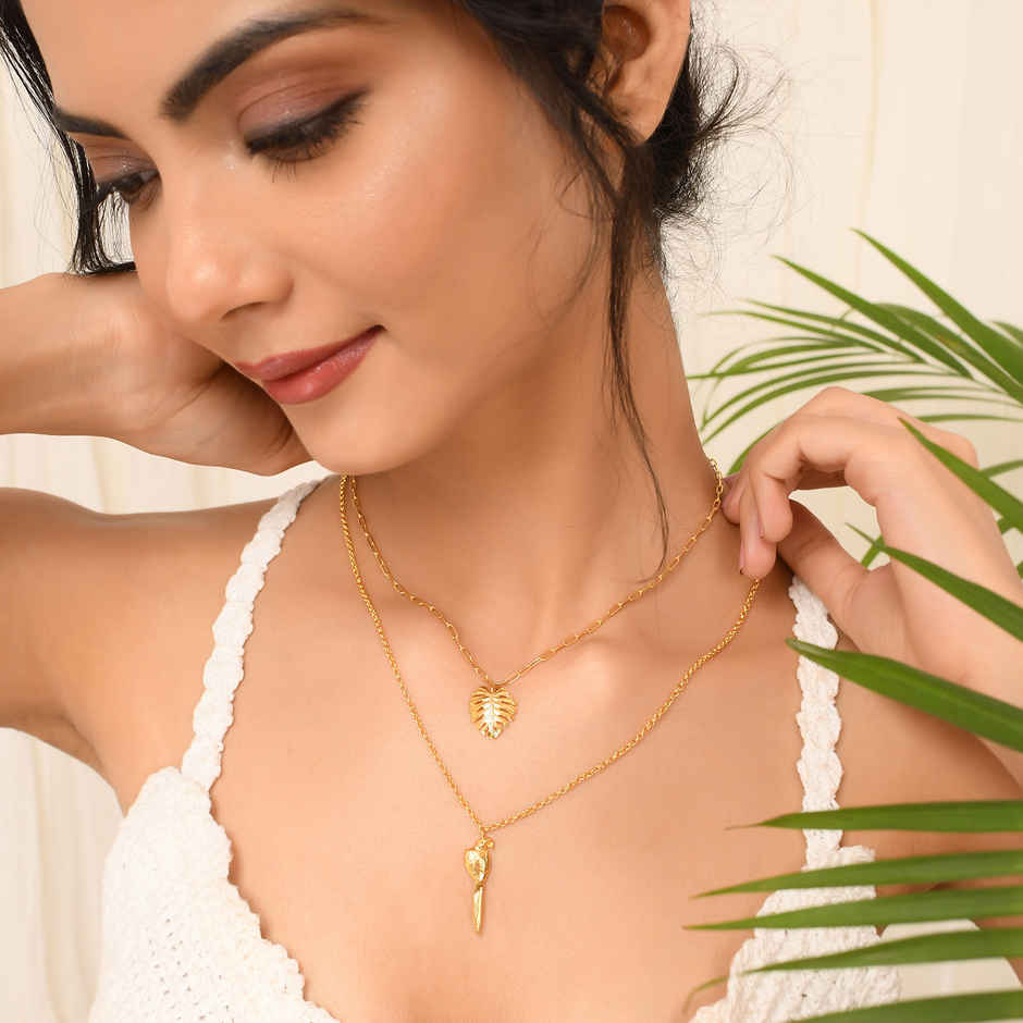 Voylla Hawaii Double-Layered Monstera And Tropical Bird Necklace
