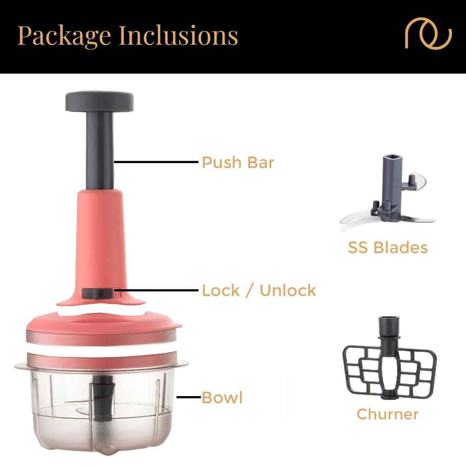 Frenchware Multipurpose Vegetable Push Chopper with 3 Blades, Handy & Compact - Peach & Black