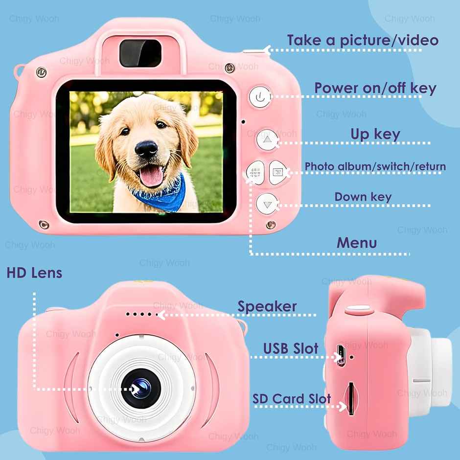 Chigy Wooh Digital Camera Toy for Kids | Video Recording | Mini Games | Rechargeable | Pink