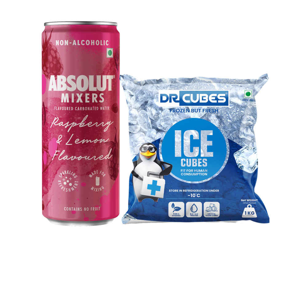 Dr. Cubes Ice Cubes (1kg) & Absolut Mixers Sparkling Raspberry & Lemon Flavoured (250ml) Combo