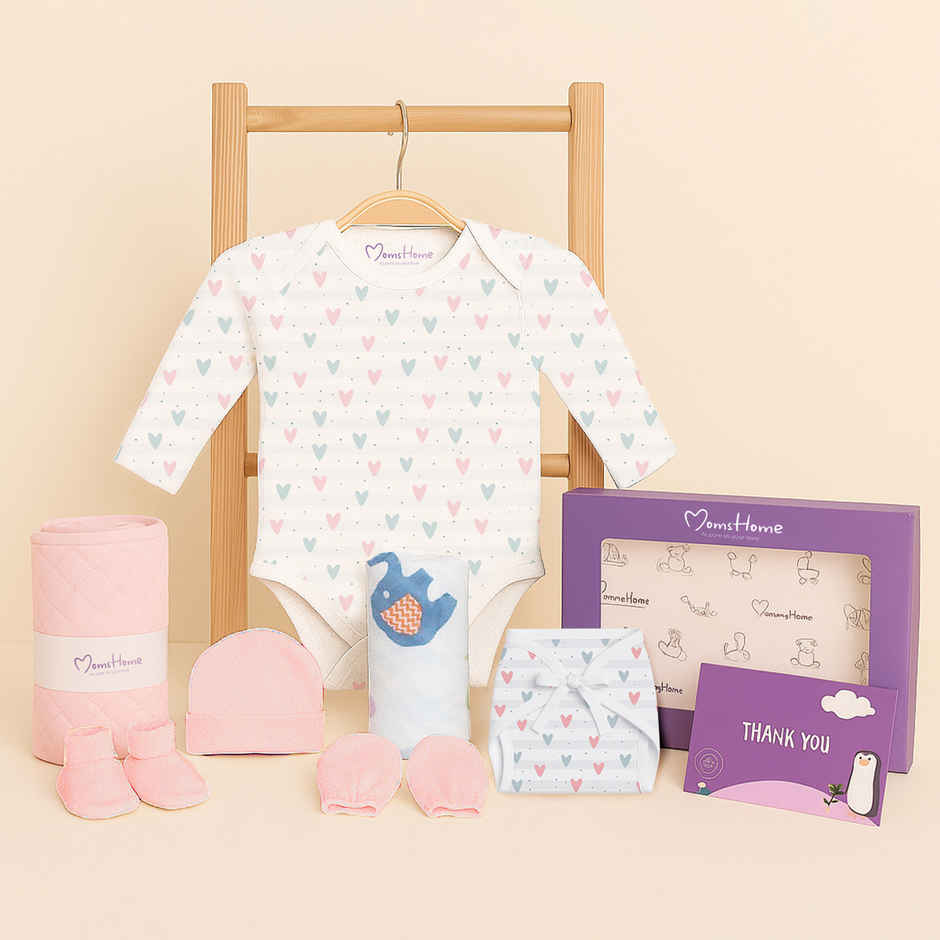 Moms Home Organic Cotton Baby Essentials 7 Items Gift Set | 0-3 Months | Little Heart