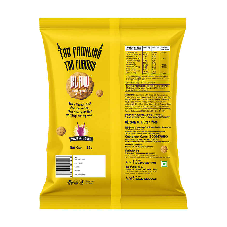 Klaw Masala Memory Supergrain Puffs | Baked Not Fried | High Protein | Made with Olive Oil