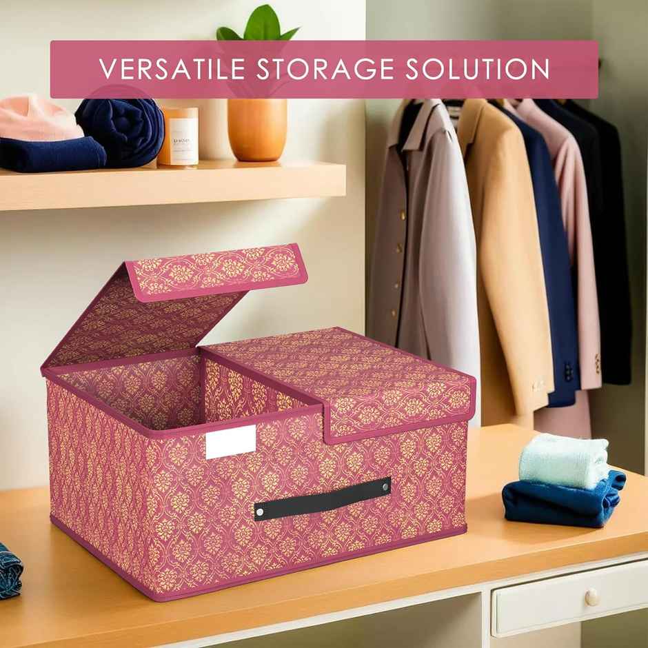 Kuber Industries Golden-Printed Small Foldable Wardrobe Organizer with Double Lid | Maroon