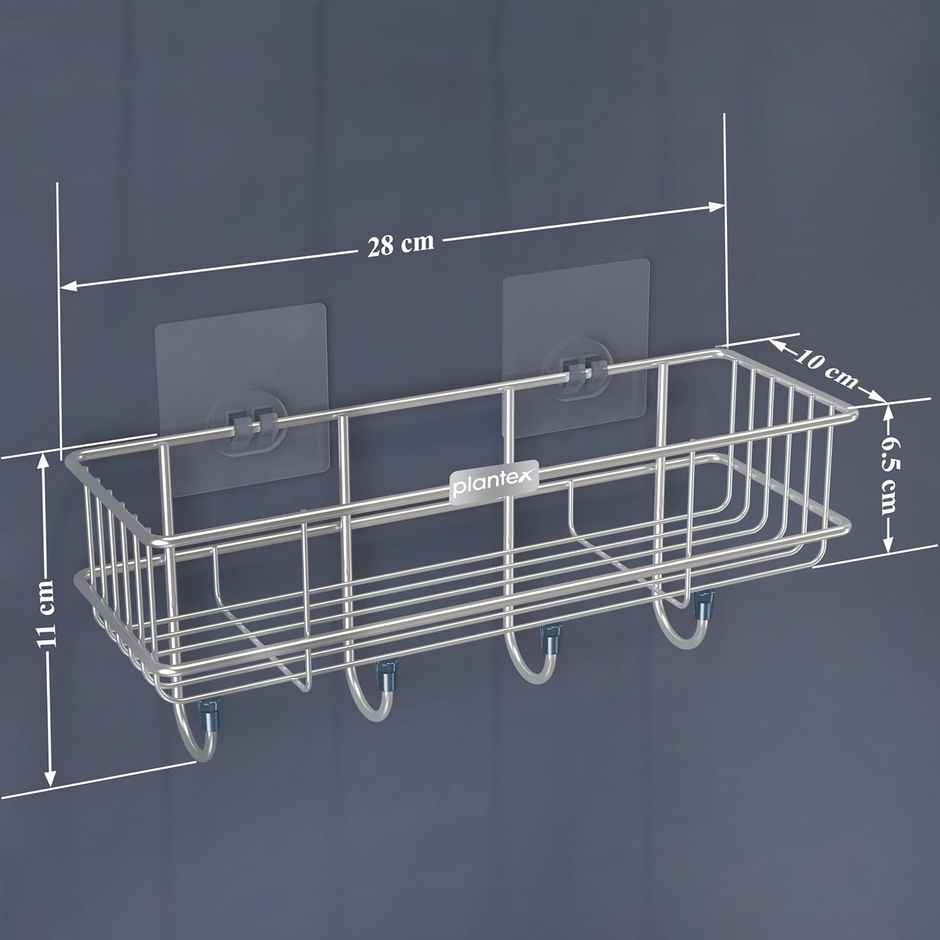 Plantex Stainless Steel Multipurpose Self-Adhesive Bathroom Shelf with Hooks - Chrome Finish
