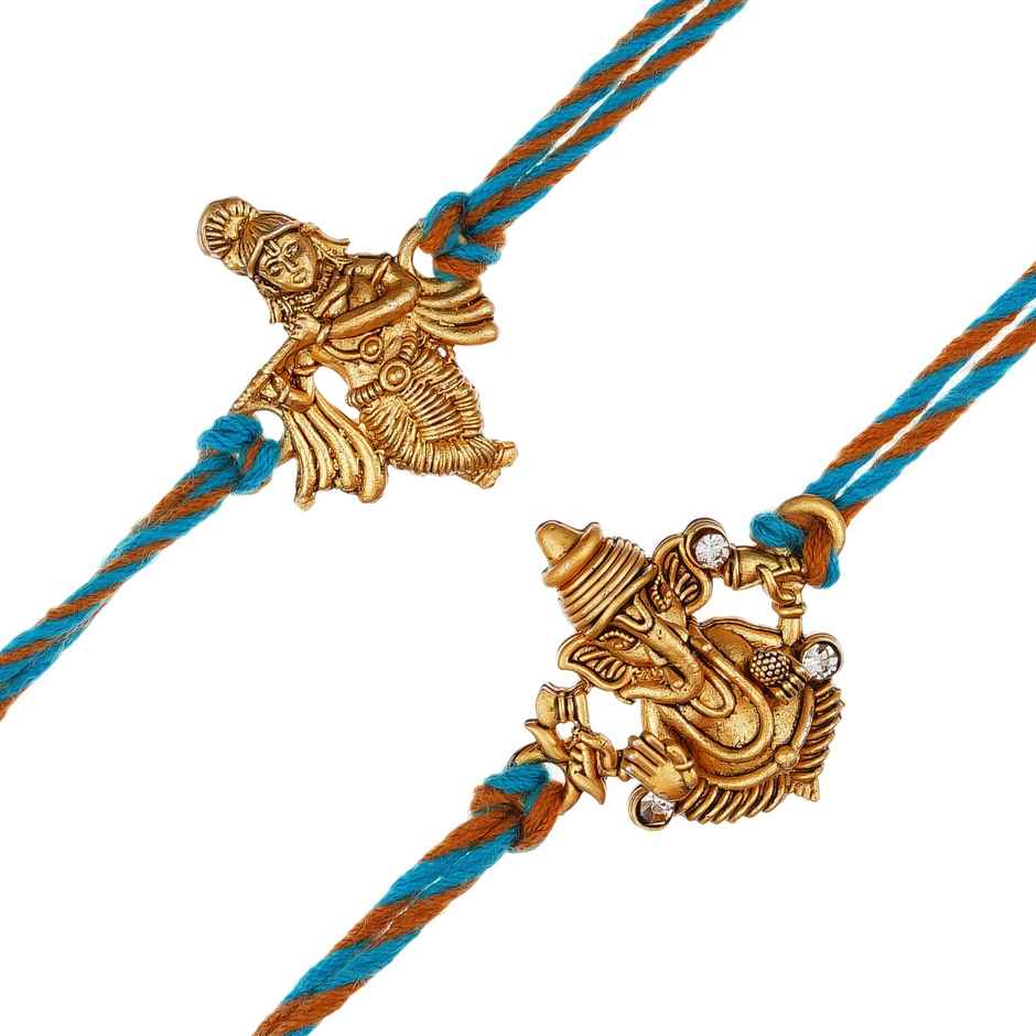 Religious Blue, Orange & Golden Rakhi | Krishna & Ganesha with Roli Chawal | Pack of 2 | Ecraftindia