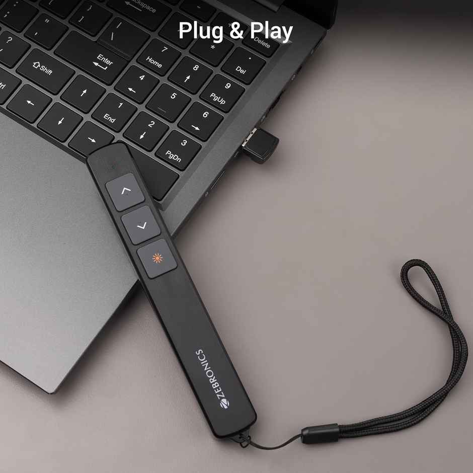 Zebronics PP100, 2.4GHz Wireless LASER Pointer, Power Point Slide Changer, Page Flip Buttons, RED LASER, 10m Wireless Range + 100m LASER Range, Multi - OS | Software Compatible - Black