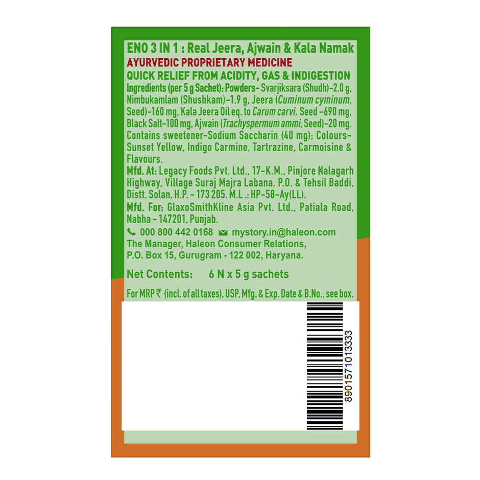 ENO 3 in 1 (Real Jeera, Ajwain & Kala Namak) for Fast Acidity Relief -Pack of 6 Sachets