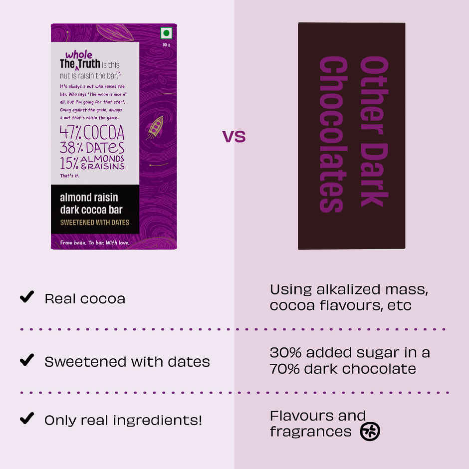 The Whole Truth Dark Cocoa Bar - Almond Raisin | 80 g | Sweetened with dates