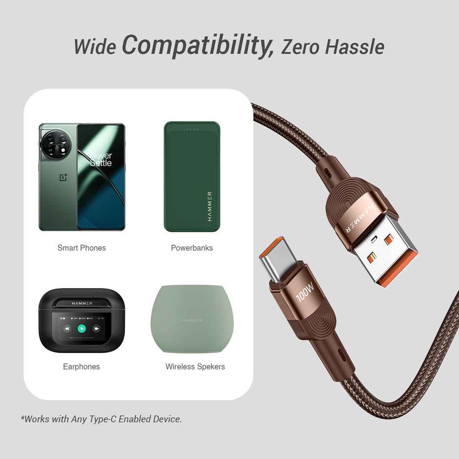 Hammer 100W 5A Fast Charging 1.2M USB to Type C Cable for Onplus smartphones & compatible with all Type C devices - Brown