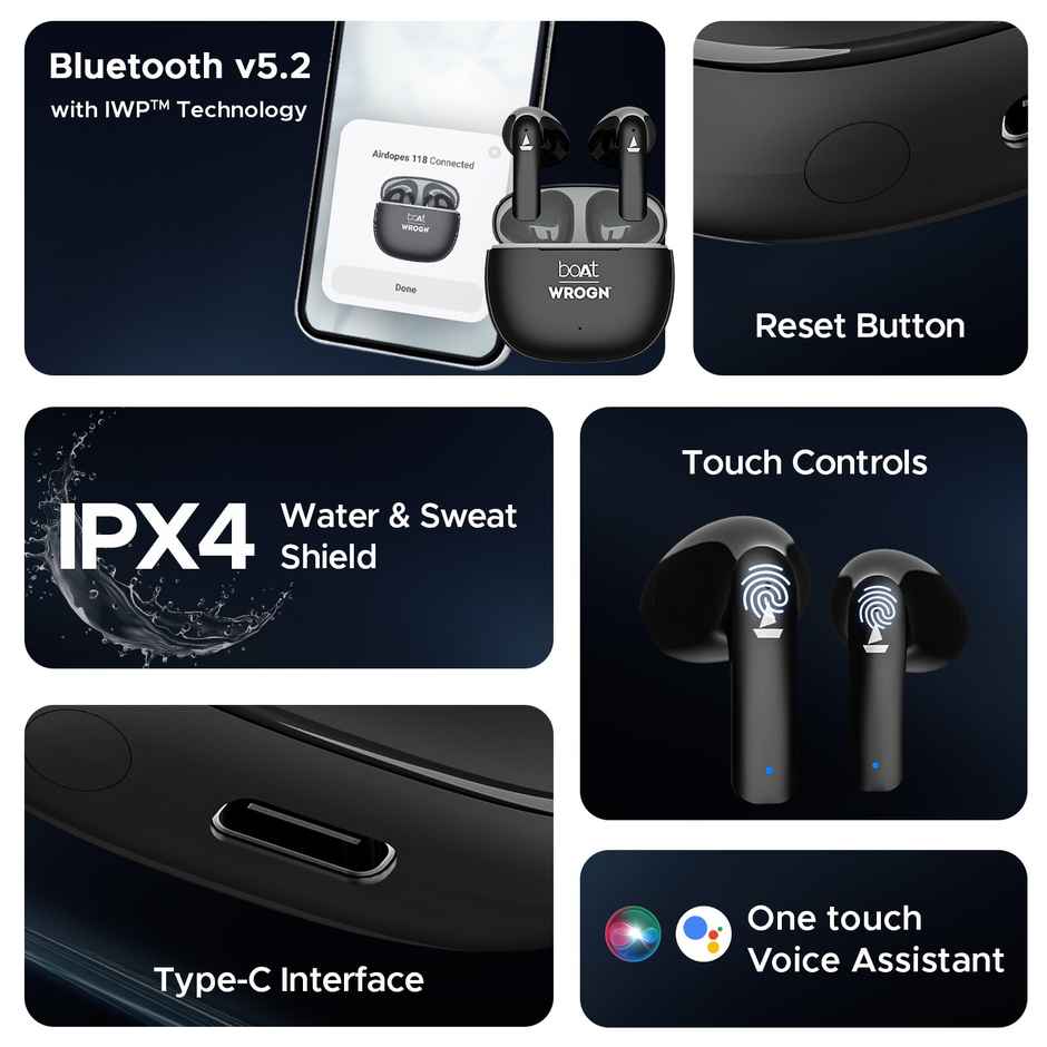 boAt Airdopes 118 Tws Earbuds W/ 50 Hrs Playback, Quad Mics Enx Tech & Beast Mode (Opal Black)
