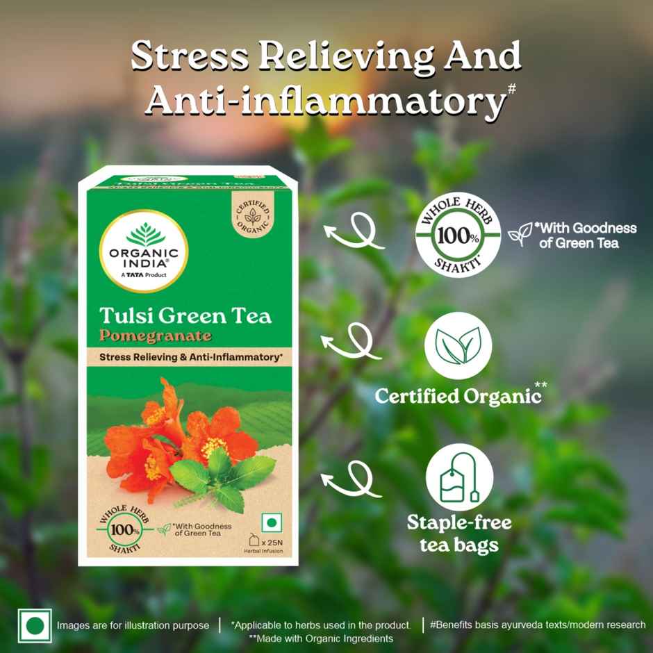 A TATA Product - Organic India Tulsi & Pomegranate Infused Green Tea - 25 Tea Bags