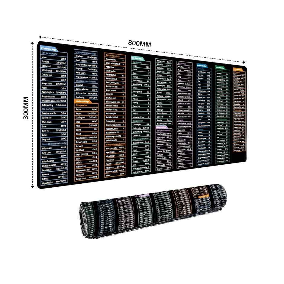 Dyazo Keyboard Shortcut Desk Mat - Office Mouse Pad - 800 x 300mm - Black