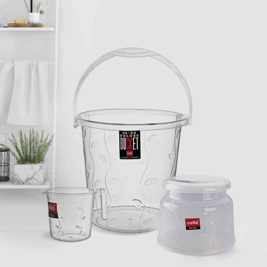 Cello Petal Bathroom Set | Bucket, Bath Mug & Bath Stool | Transparent | Set of 3
