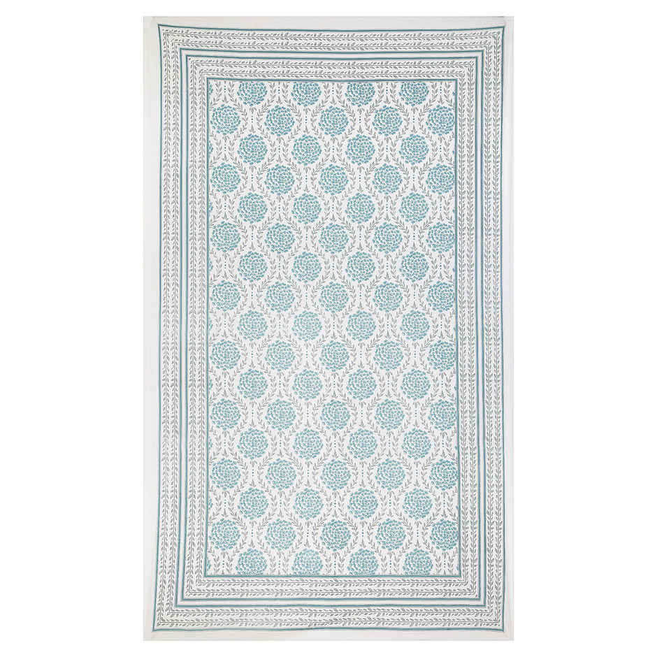 BAY6 100% Cotton Single Rajasthani Bedsheet - 90 in x 60 in - Floral Teal Design with Leaves