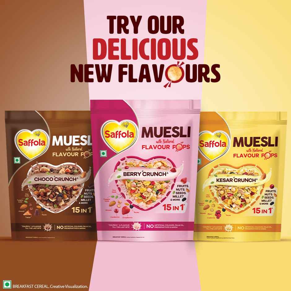 Saffola Muesli Berry Crunch with Flavour Pops | 15 in 1 Fruit and Nuts, Seeds | Millet & more