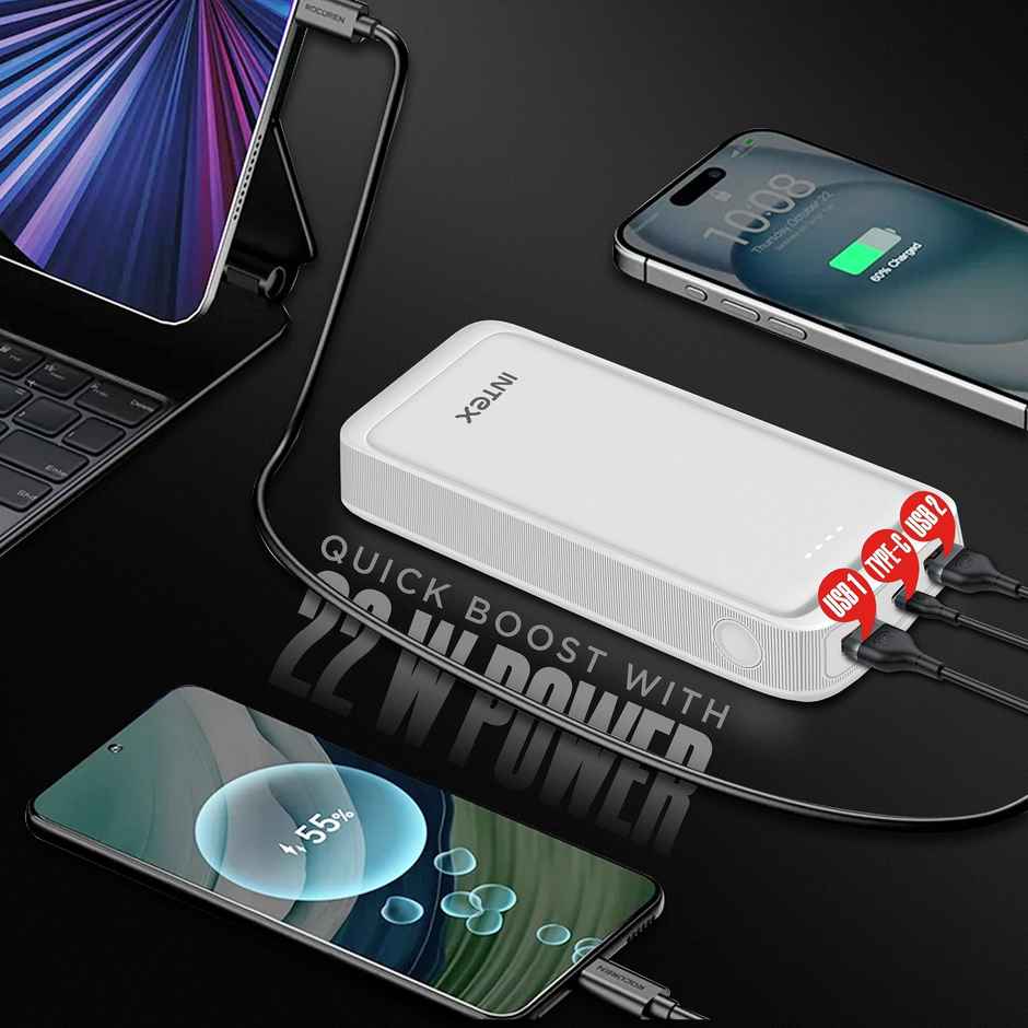 Intex 20000 mAh 22 W Power Bank (White, Lithium Polymer, Fast Charging for Mobile)