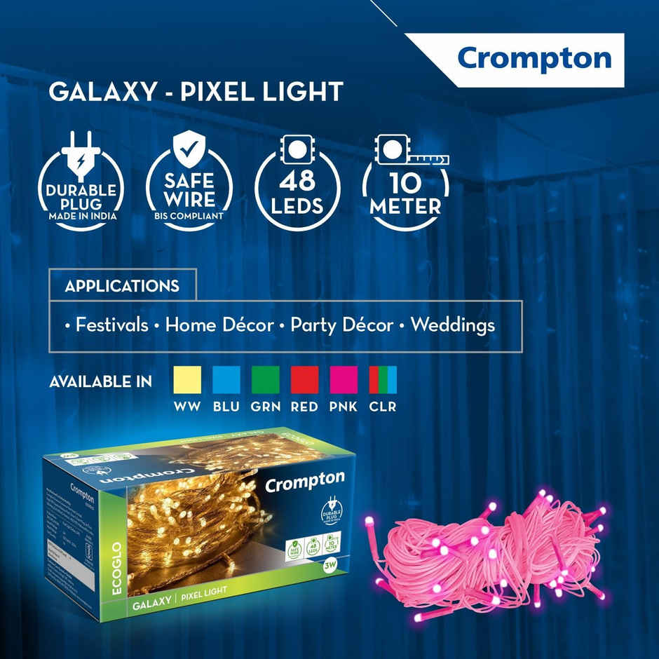 Crompton Galaxy Pixel Festive Lights| 10 m | 48 LEDs| Multicolour | Direct 2-pin Plug, BIS Safe Wire