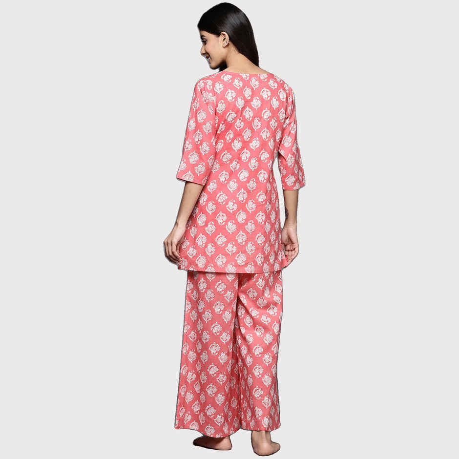 Libas Women Pink Cotton Floral Kurti With Cotton Pyjamas - 50178M