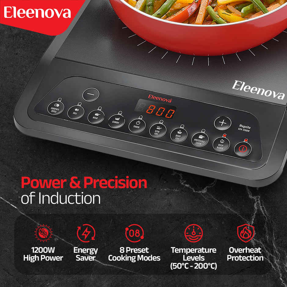 Eleenova Magnite 1200 W Induction-BIS-Safe, Fast-Heat Crystal Glass with Indian Presets
