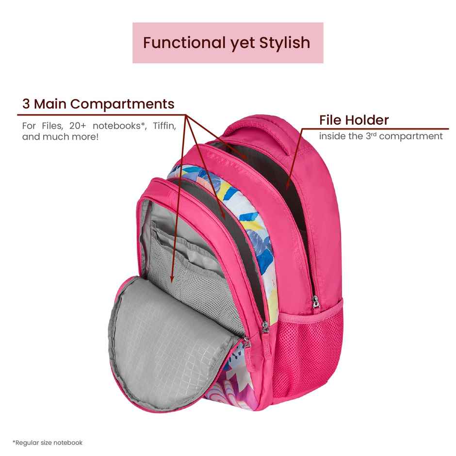 Genie Chrysi School Bag For Girls, 17 Inch Pink Backpack
