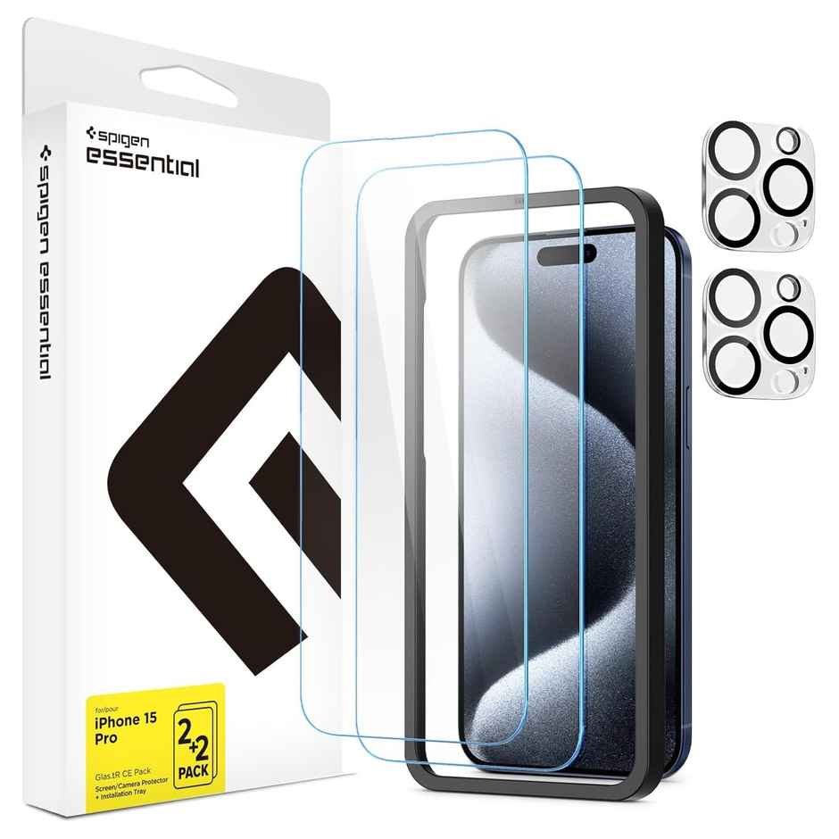Spigen Essential Guard; Tempered Glass Screen Guard for iPhone 15 Pro [Glass 2 Pack + Camera Lens Protector 2P + Alignment Tool]
