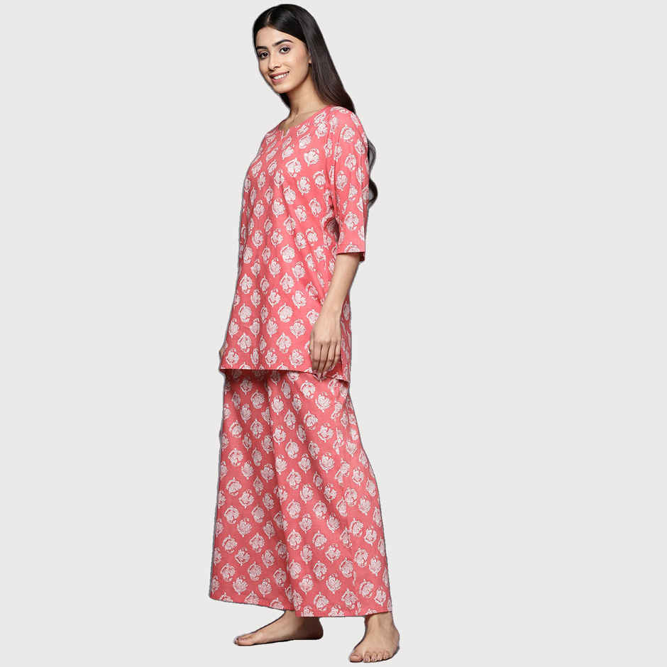 Libas Women Pink Cotton Floral Kurti With Cotton Pyjamas - 50178M