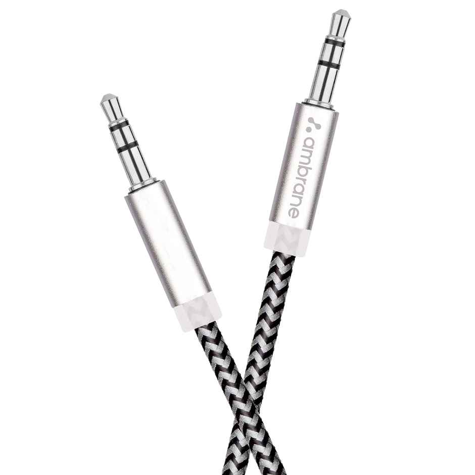 Ambrane ABCAX-10 Unbreakable 3.5mm Male to Male AUX Stereo Audio Cable for Smartphone, 1.5 Meter (5 Feet) - Black & Grey