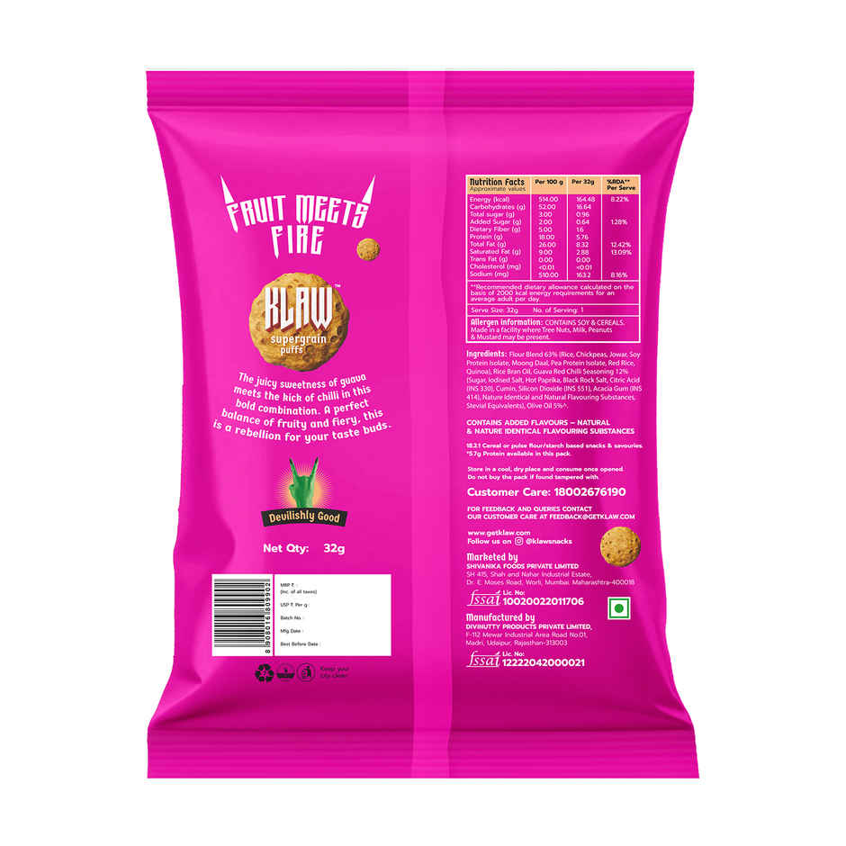 Klaw Spicy Guava Supergrain Puffs | Baked Not Fried | High Protein | Made with Olive Oil