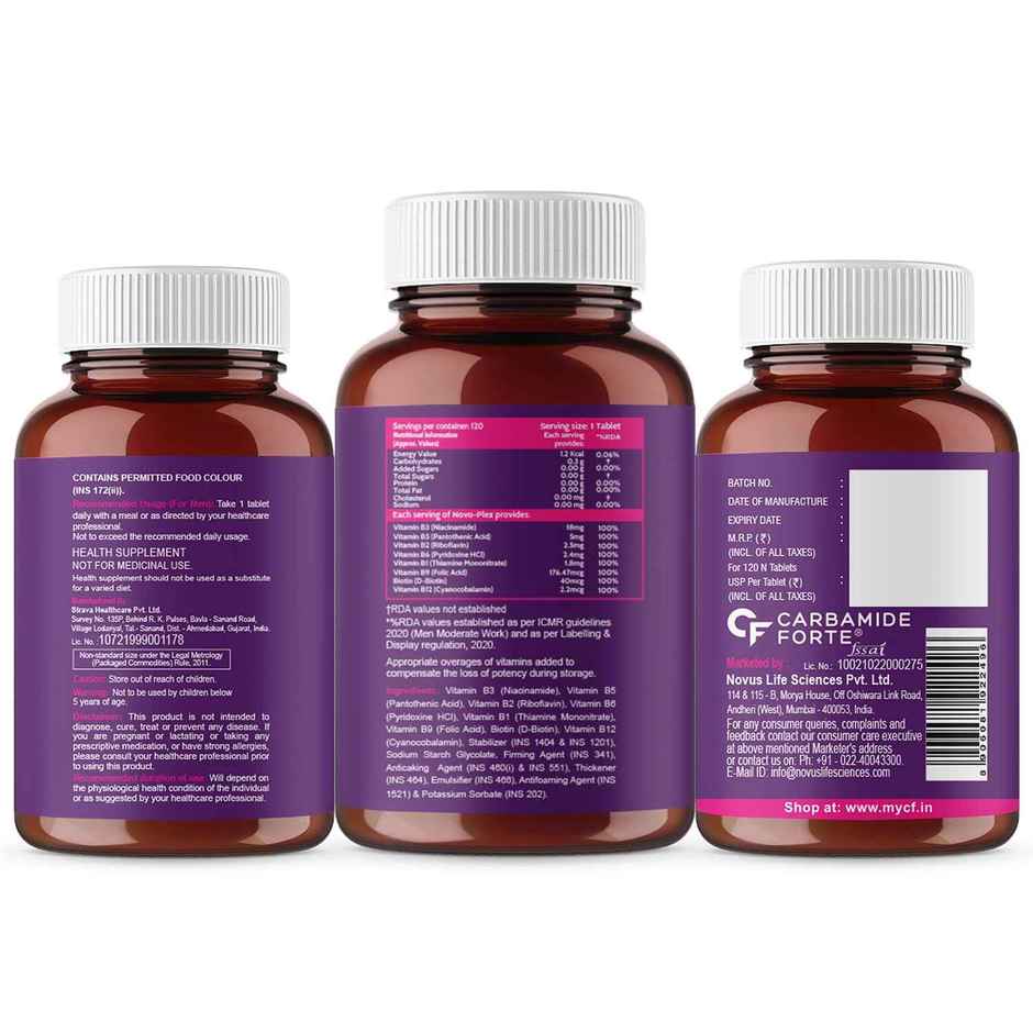 Carbamide Forte Vitamin B-Complex Tablets - 100% RDA for B Vitamins-B1, B2, B3, B5, B6, B9 & B12