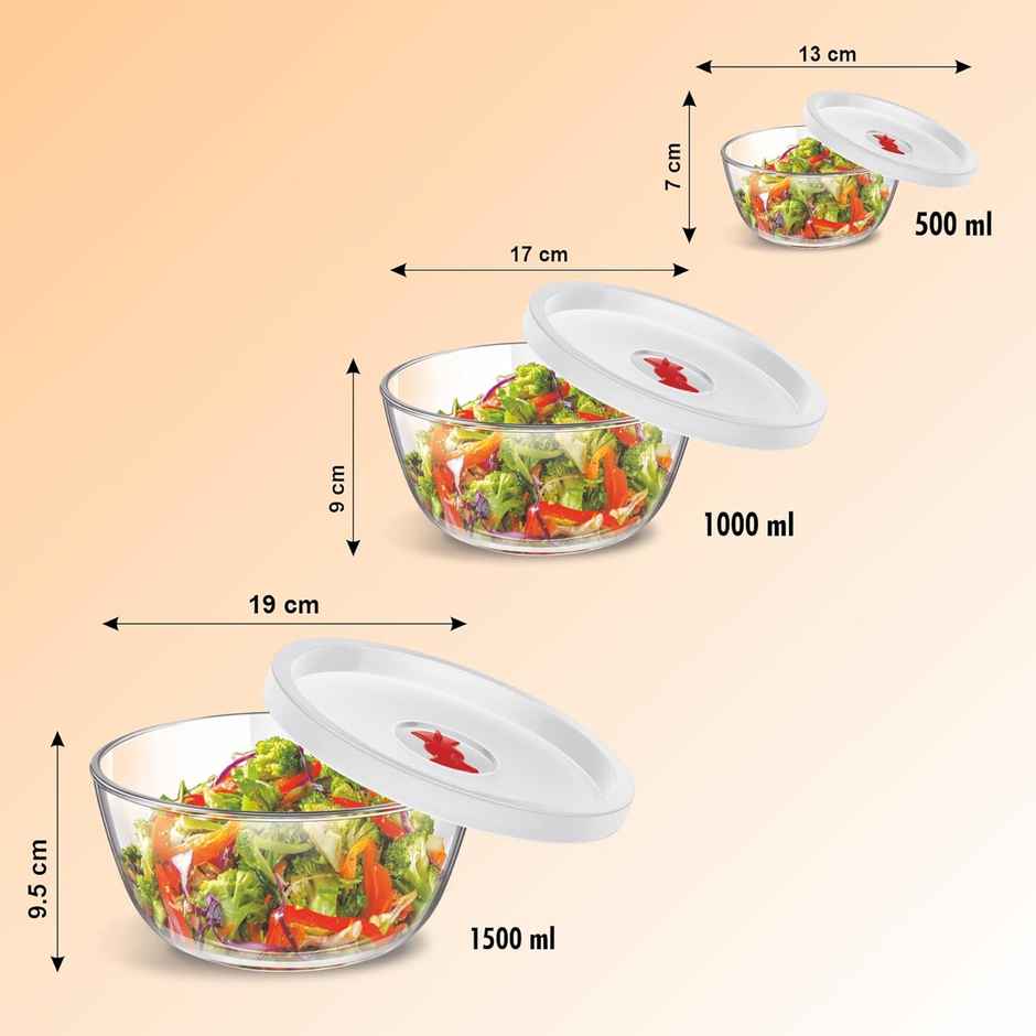 SignoraWare Mixing Borosilicate Glass Bowl Set Of 3 With Lids, 500Ml+1000Ml+1500Ml, 1220Clear