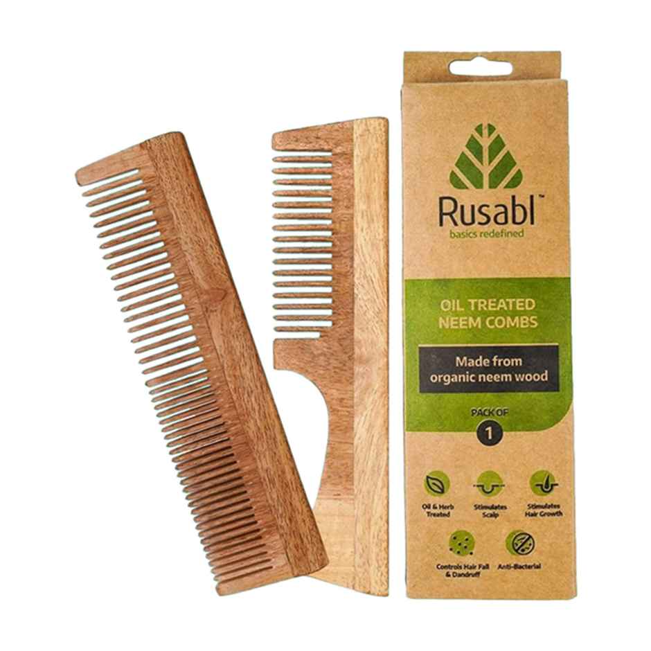 Rusabl Neem Wood Comb | Fine and Wide Tooth