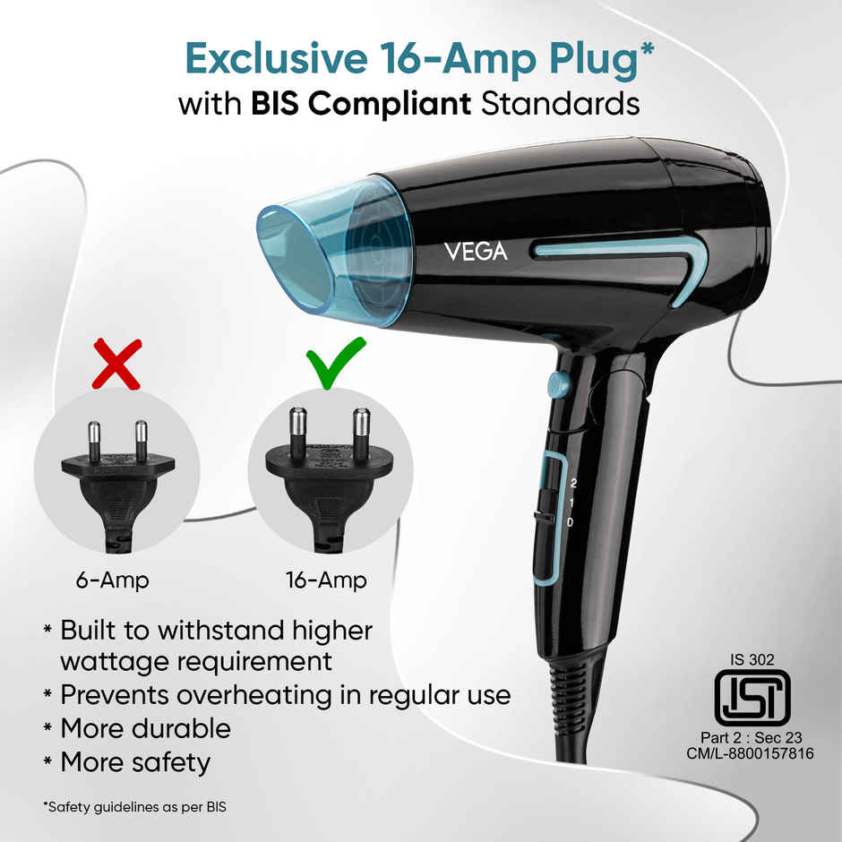 Vega U Style 1400-1600W Foldable Hair Dryer with Cool Shot Button, 2 Speed/Heat Settings, (VHDH-24), With 16 A Plug