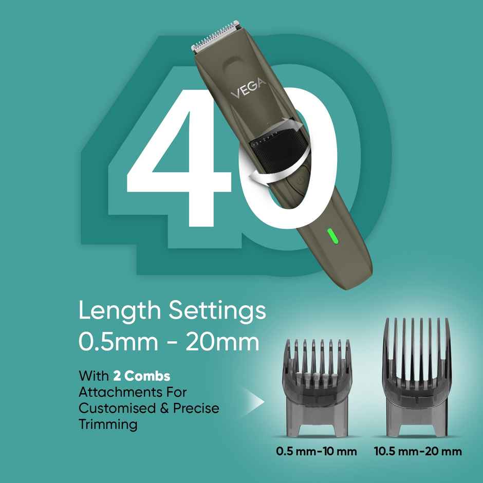 Vega P1 Battery Powered Beard Trimmer for Men, USB C Type, 160 mins Runtime 2 Beard Comb (VHTH-25)