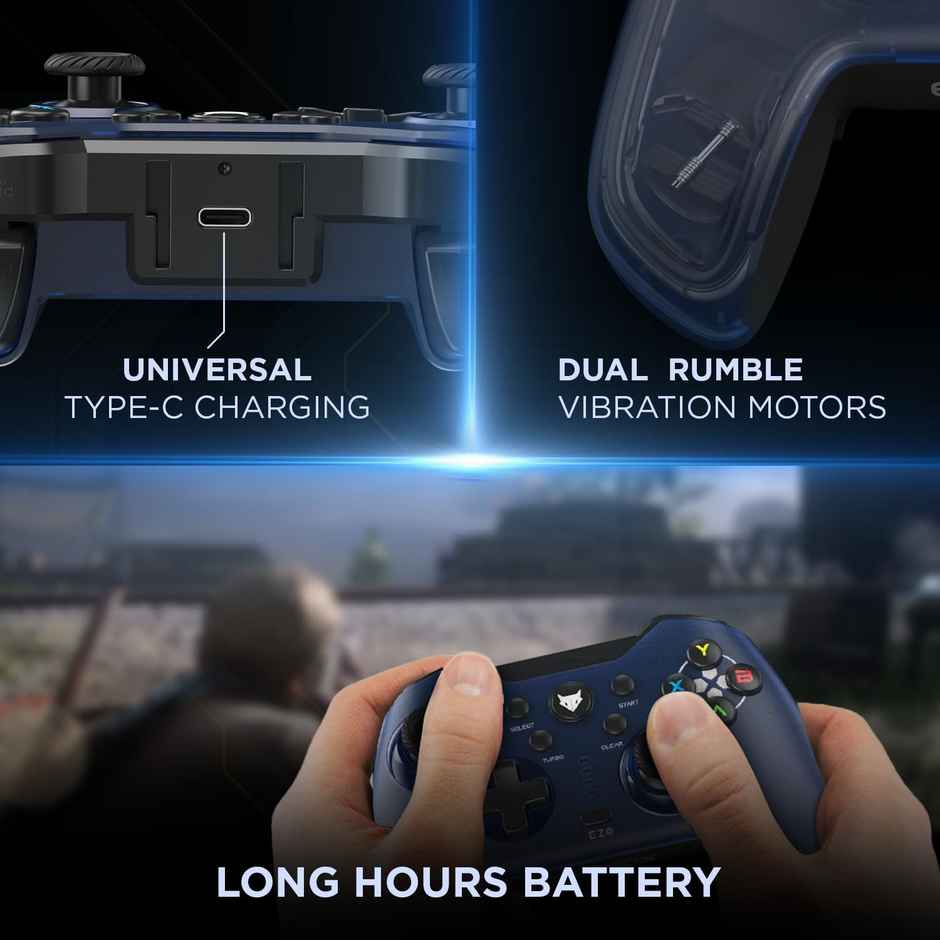 EvoFox Elite X Wireless Gaming Controller for PC with 2 Programmable Macro Back Buttons, Adjustable Dual Vibration Motors,Turbo Mode,Analog Triggers, High Precision joysticks,Low Latency Plug and Play,Free USB Extender,Translucent Shell Gamepad for pc - Blue