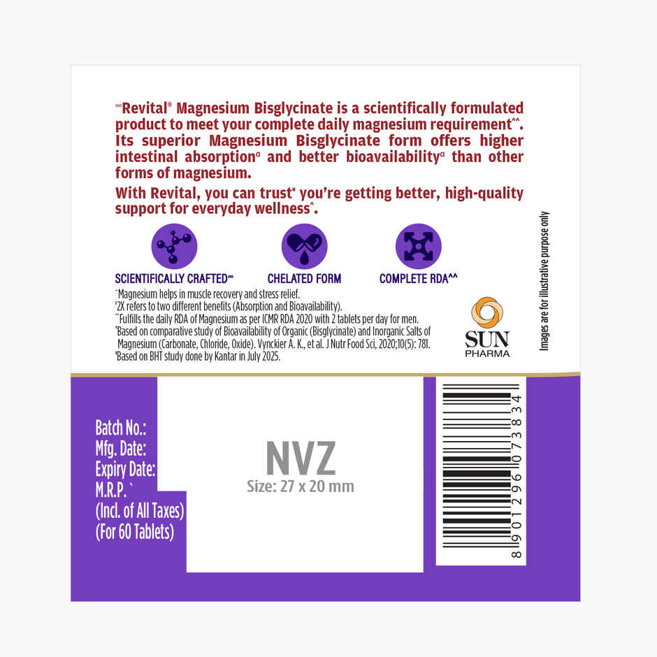 Revital Magnesium Bisglycinate|Chelated|100% RDA| 440mg Elemental| crafted for both Men & Women 