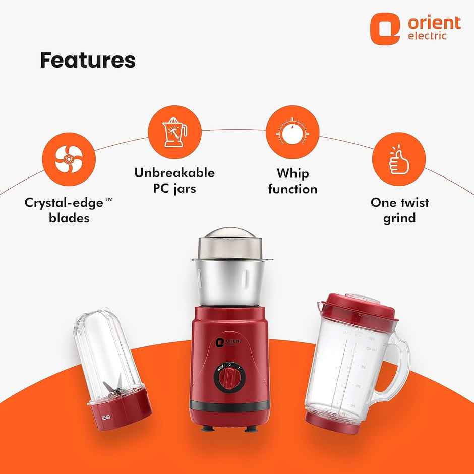 Orient Electric Compact Mixer Grinder Geenie - Mggn40Rb3 | 400W | 25000 Rpm | 3 Jars | Red