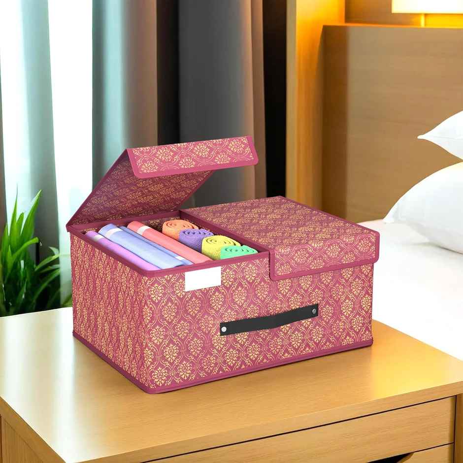 Kuber Industries Golden-Printed Small Foldable Wardrobe Organizer with Double Lid | Maroon