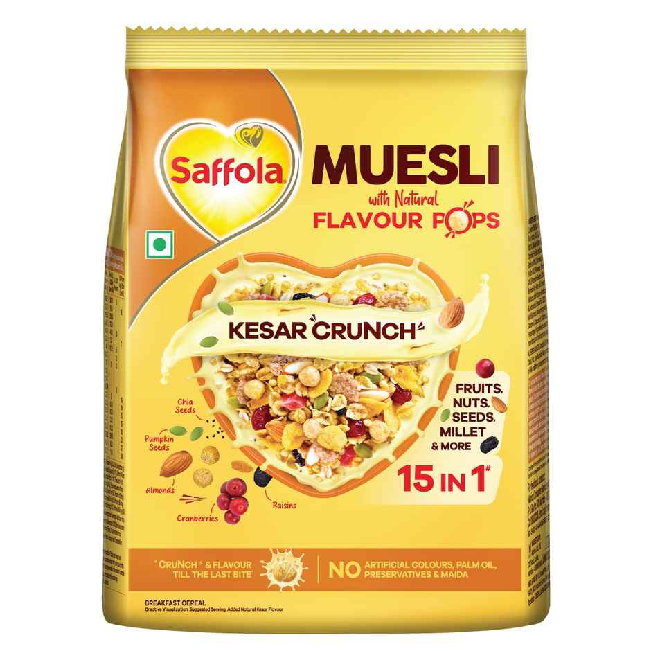 Saffola Muesli Kesar Crunch With Flavour Pops 15 In 1 Fruit And Nuts