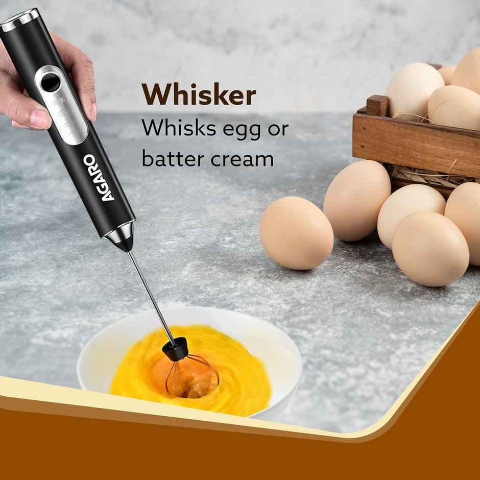 AGARO Royal Milk Frother | 3-Speed Electric Frother With Whisk | Stand-up Design | Rechargeable | Stainless Steel - Black