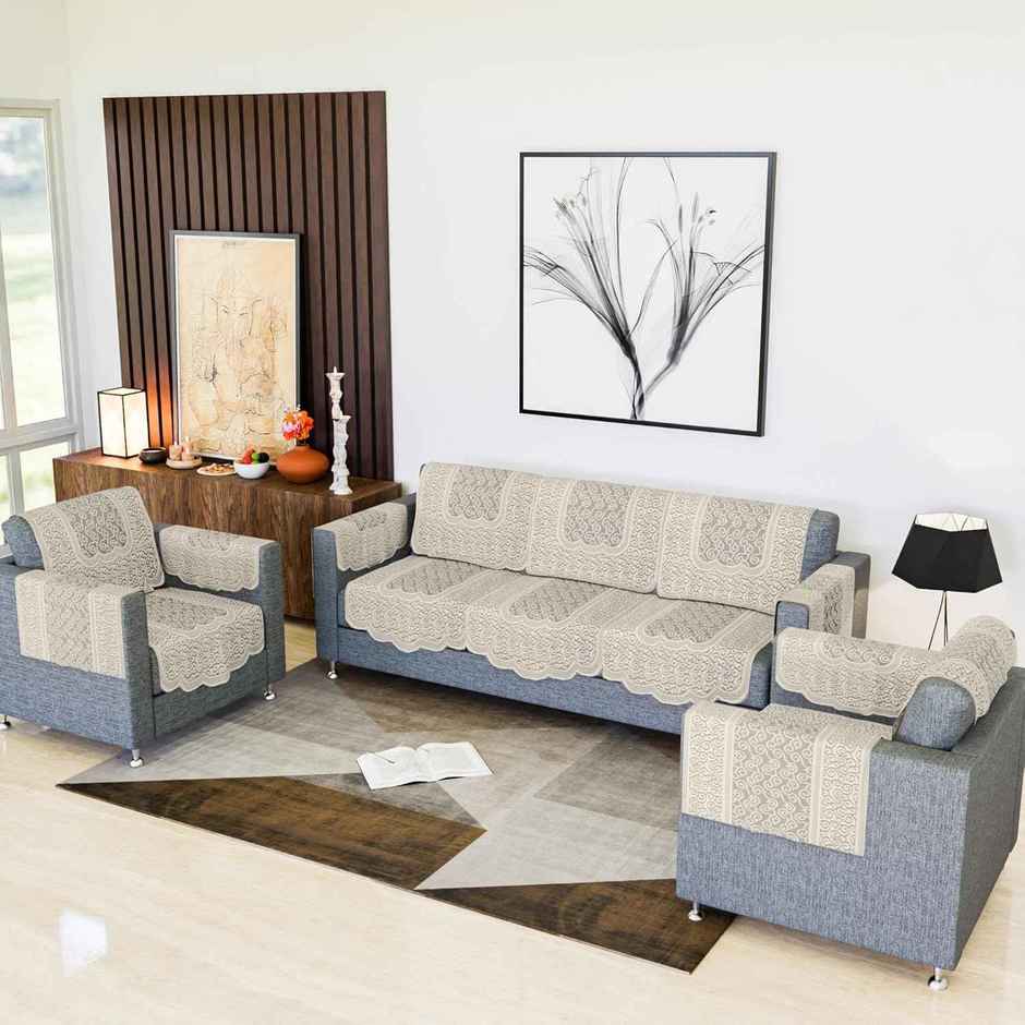 Kuber Industries Zig Zag Printed Net 5 Seater Sofa Cover with Arms Cover for Hall|Cream