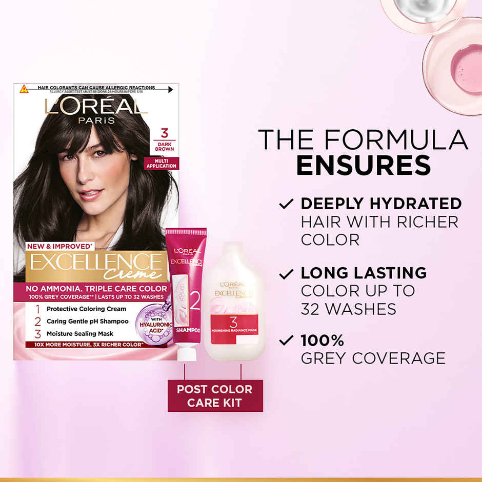 L'Oreal Paris New Excellence Creme Hair Color Mini Shade 3 Dark Brown | 20g + 20ml + 5ml + 5g