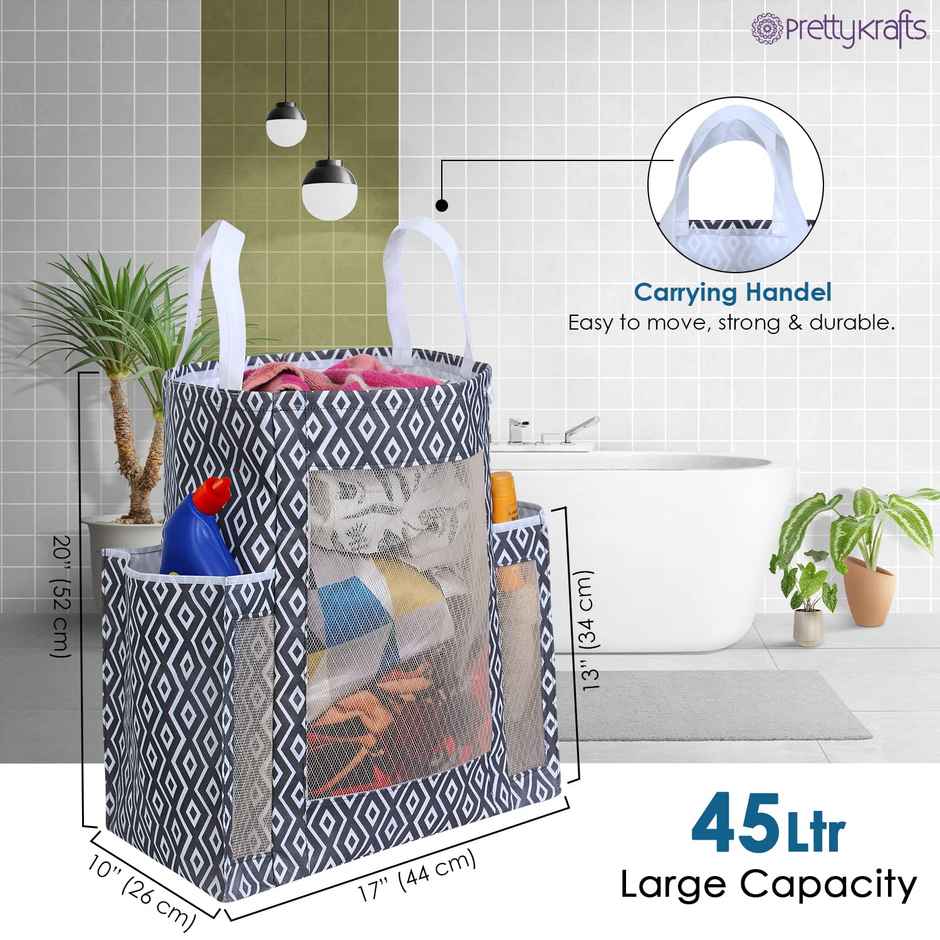 Prettykrafts Laundry Basket,Collapsible And With Side Pocket Black