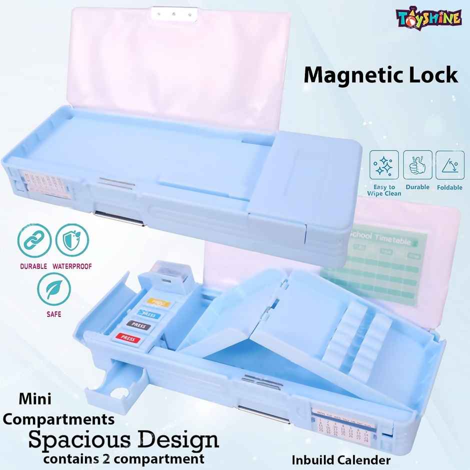 Toyshine Multi Compartment Button Operated Space Pencil Box with Pen Stand In-built For Kids - Blue