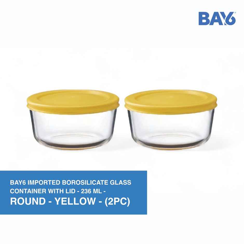 BAY6 Premium Imported Borosilicate Glass Container with Lid -236 ml - Round - Set of 2 - Yellow