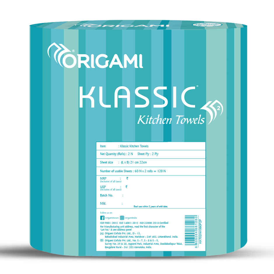 Origami Klassic 2 Ply Kitchen Towel Paper Roll - Pack Of 2 - 60 Pulls Per Roll