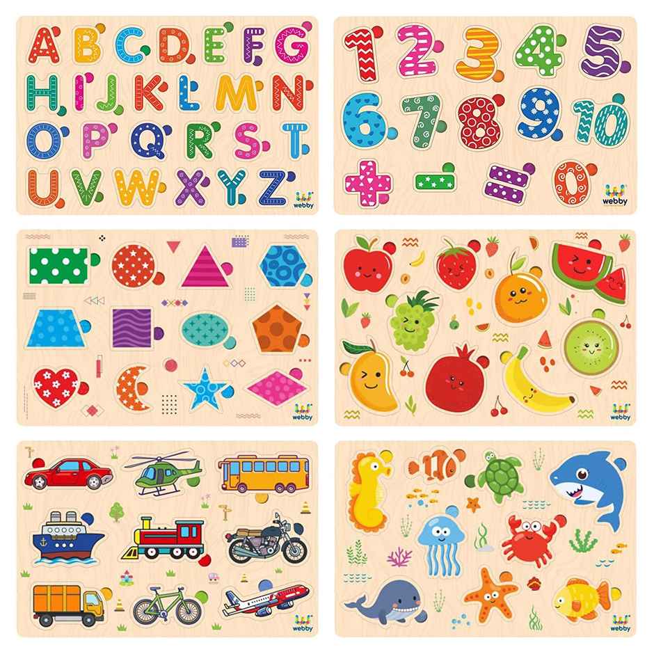 Webby Wooden Colorful Alphabets, Counting Numbers and Shapes Puzzle for Preschool Kids - Set of 6